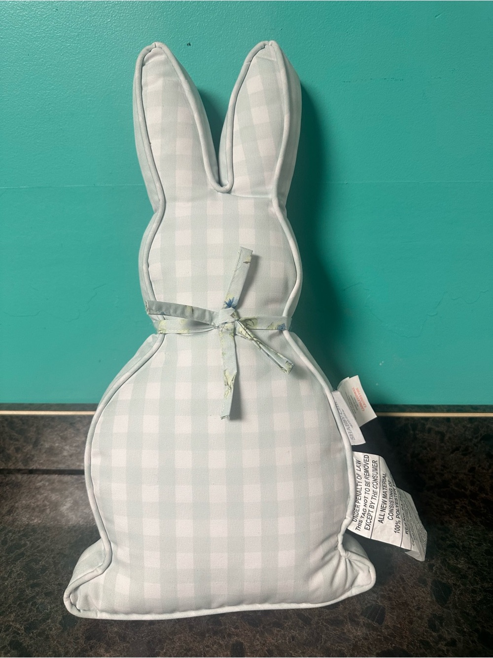 Shabby Chic Pale Blue Gingham Bunny Accent Pillow